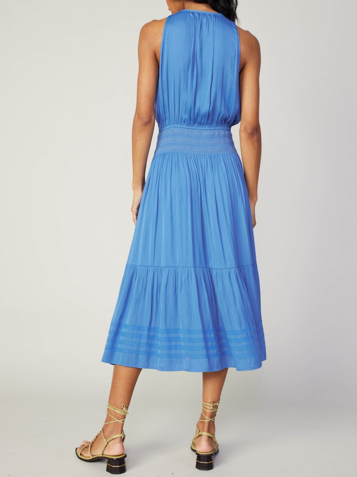 SMOCKED WAIST HALTER MIDI DRESS