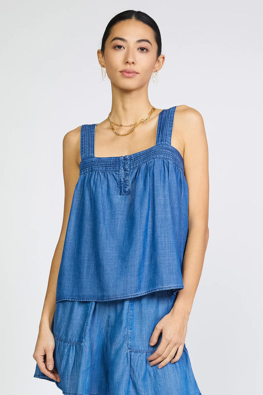 CHAMBRAY PINTUCK STRAP TOP