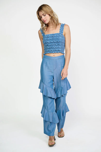 CHAMBRAY SMOCKED CROP TOP