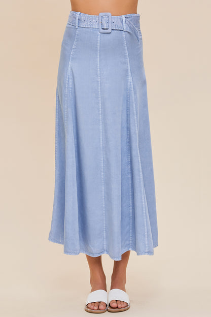 BELTED FLARE MIDI SKIRT