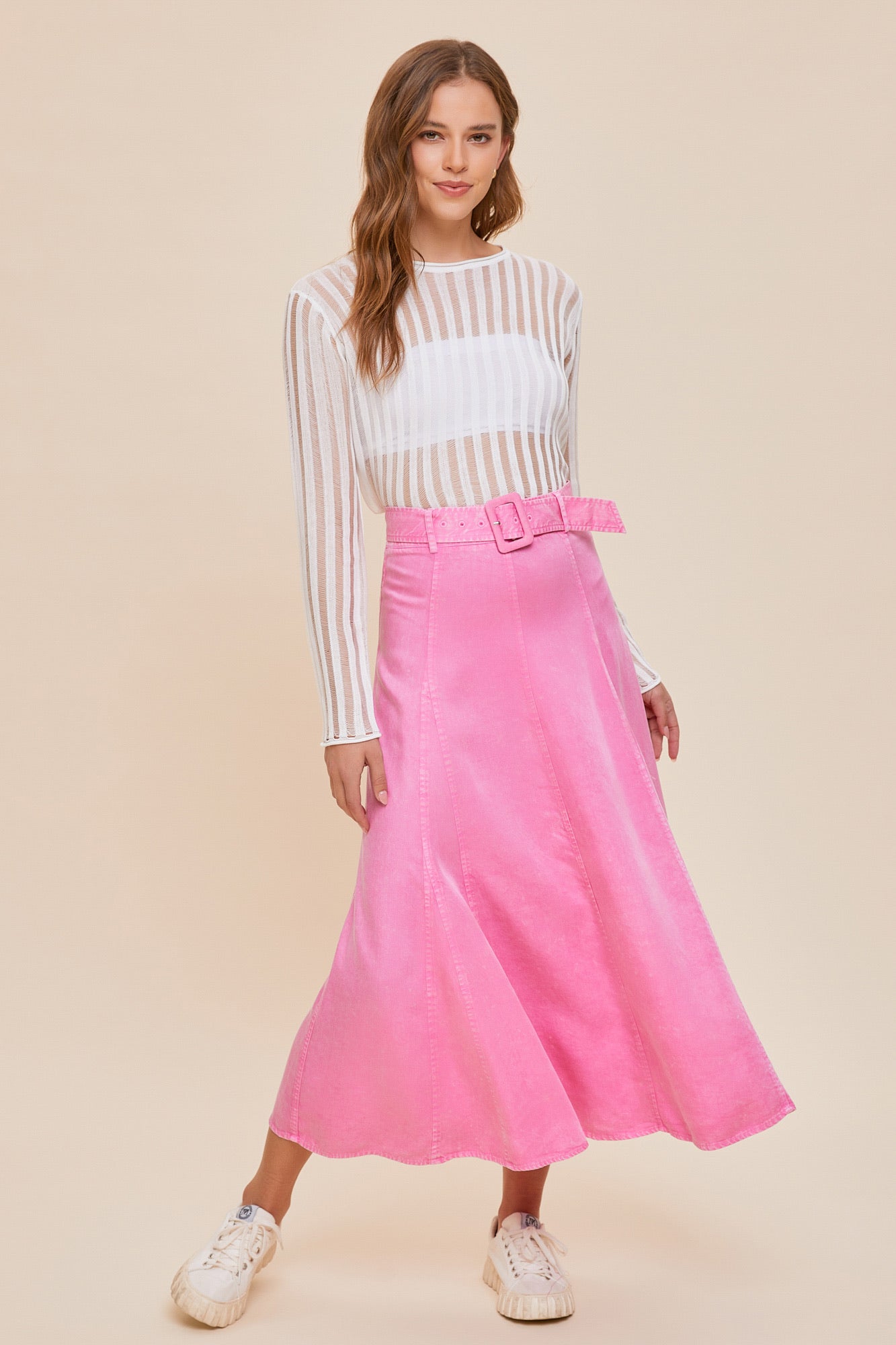 BELTED FLARE MIDI SKIRT