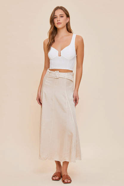 BELTED FLARE MIDI SKIRT