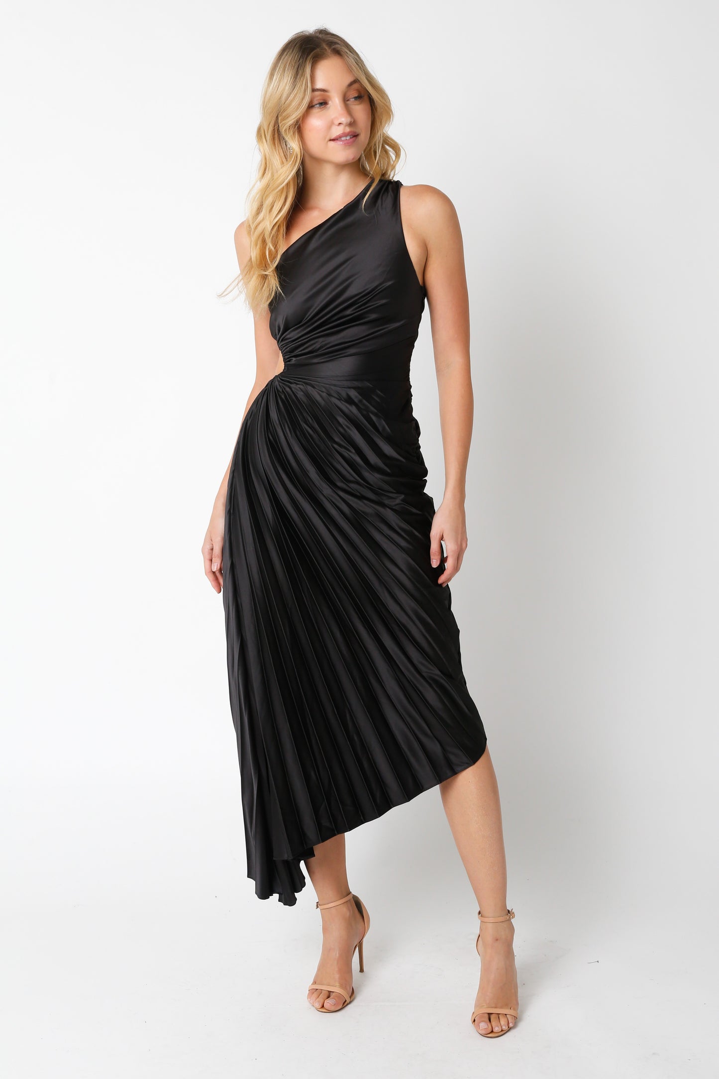 ONE SHOULDER PLEATED BLACK MIDI DRESS