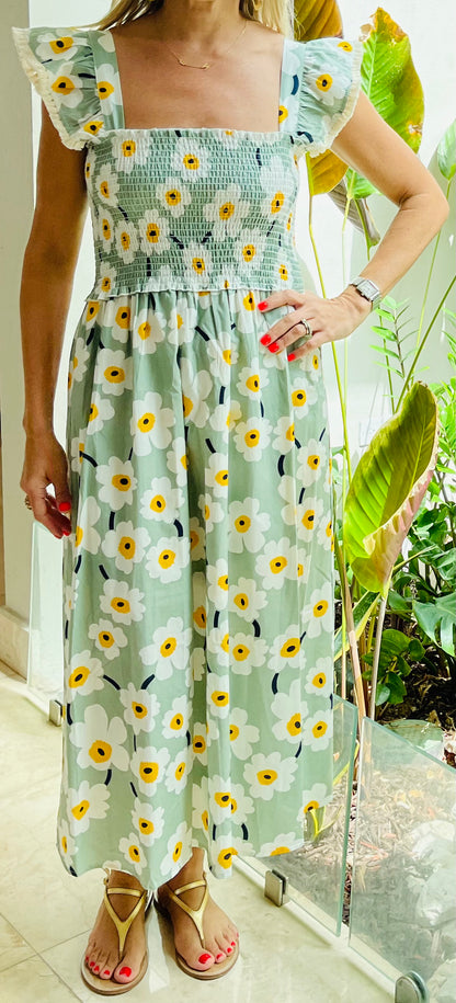 SMOCKED FLOWER MIDI DRESS