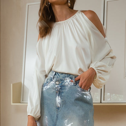 COLD SHOULDER LONG SLEEVE BLOUSE