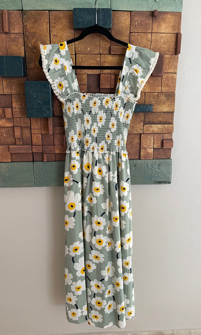 SMOCKED FLOWER MIDI DRESS