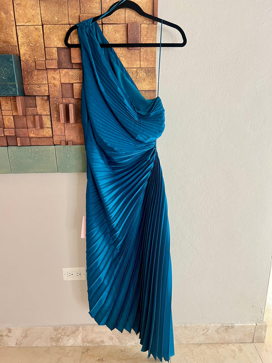 ONE SHOULDER PLEATED BLUE SAPPHIRE MIDI DRESS