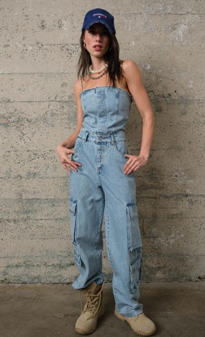 TUBE TOP DENIM JUMPSUIT