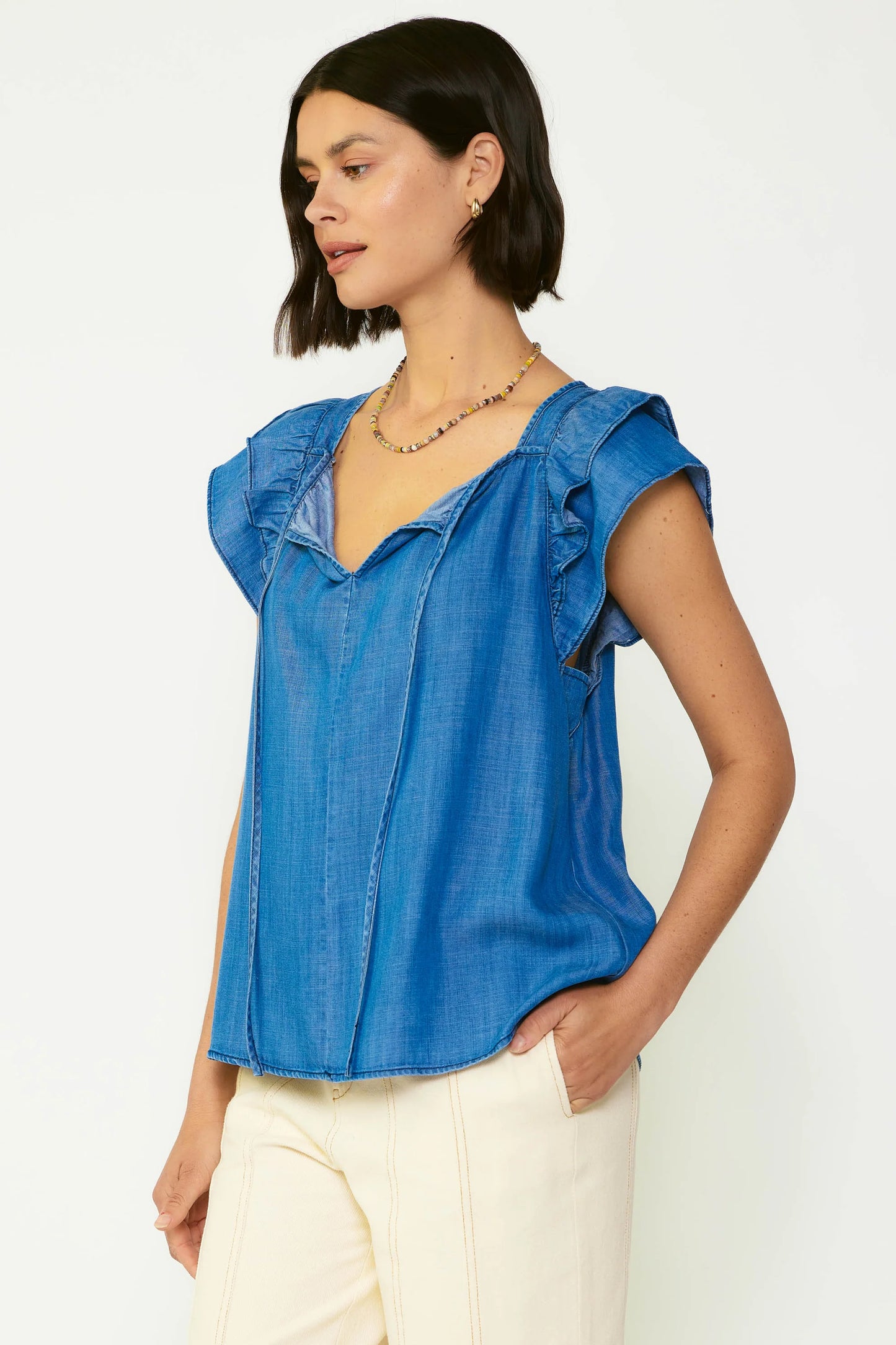 SQUARED NECK SOFT DENIM BLOUSE