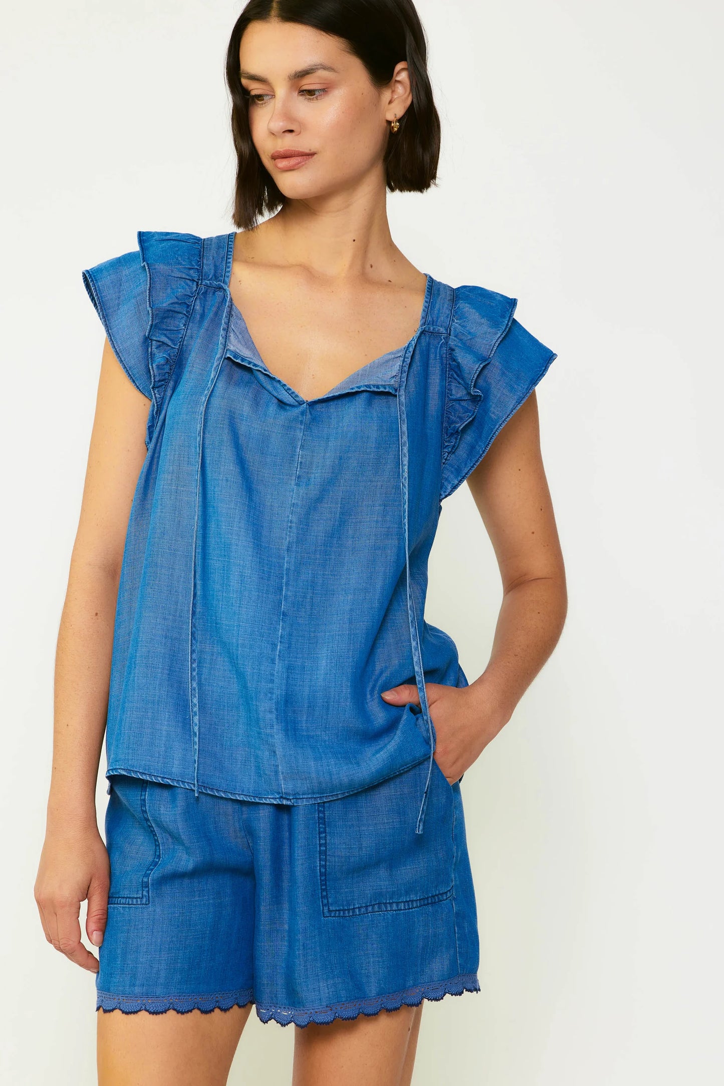 SQUARED NECK SOFT DENIM BLOUSE