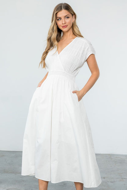 SMOCKED POPLIN MAXI DRESS